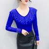 Весна Осень Женская Футболка с Рюшами и Стразами Горячей Фиксации Элегантные Футболки с Длинным Рукавом Приталенные Женские Топы