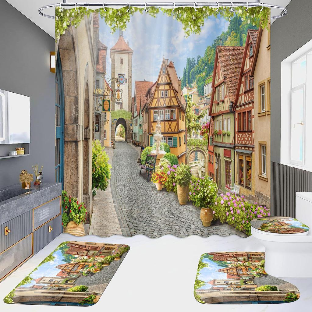 4 шт., наборы занавесок для душа в европейском стиле с архитектурой замка Мандала для ванной комнаты, нескользящие коврики для ванной комнаты, крышка для унитаза, коврик для ванной