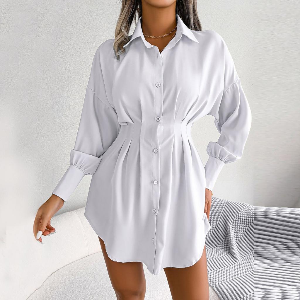 Women's Fashion Solid Color Long Sleeve Neck Waist Dress Shirt Dress