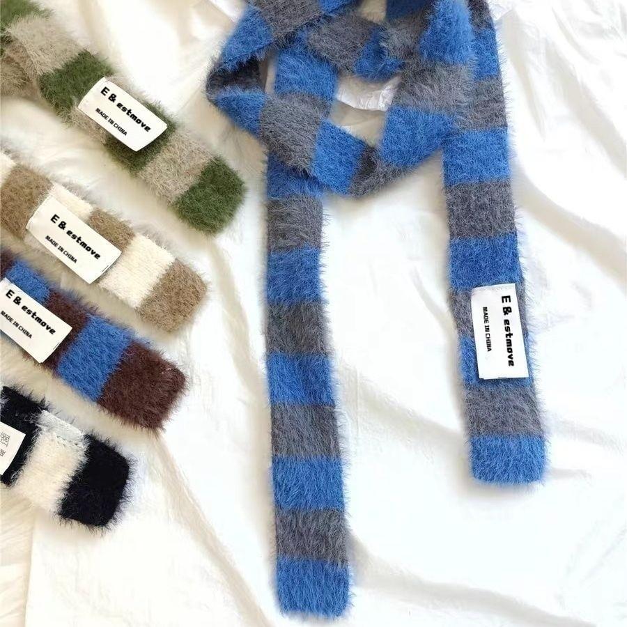 Slim Stripe Plush Scarf Clothing Accessories Striped Warm Soft Thin Scarf Knitted Wool Plush Long Narrow Scarves Autumn Winter