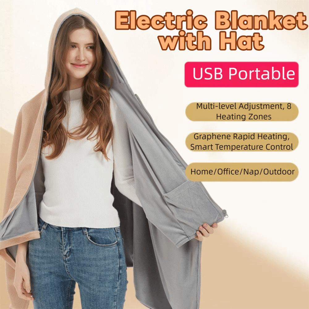 Soft Zippered Electric Blanket with Hat Adjustable Warm Heating Scarf USB Heated Shawl Travel Use