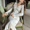 Elegant Ruffled Maxi Dresses For Women Autumn Winter Knitted Slim Long Dress Women's Vintage Dress Woman Retro Knitwear
