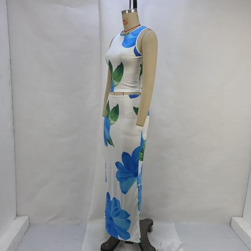 Летний женский повседневный комплект из укороченного топа с принтом и облегающей юбки 2024 года