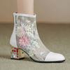 Krazing Pot Cow Skin Round Toe Summer Boots Fashion Air Mesh Appliques Crystal Heels Embroidery Ankle Boots
