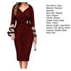 Women Party Dress Mesh Patchwork Low-cut V Neck Knee Length Slim Fit Sheath Long Flared Sleeve Solid Color Tight Waist Lady Prom Banquet Dress