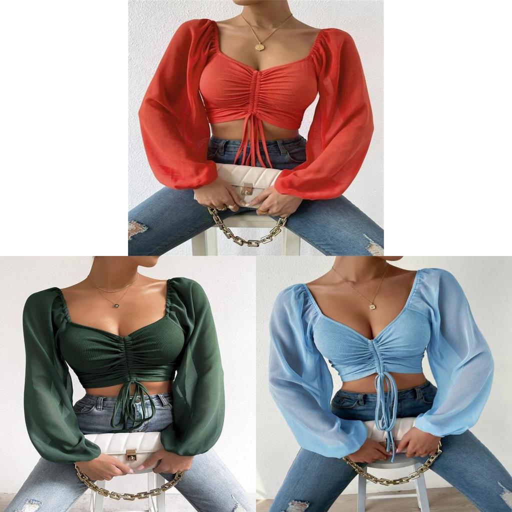Chiffon Drawstring Lantern Sleeve Blouse With Slim Fit For Fashion Women 2024 Spring