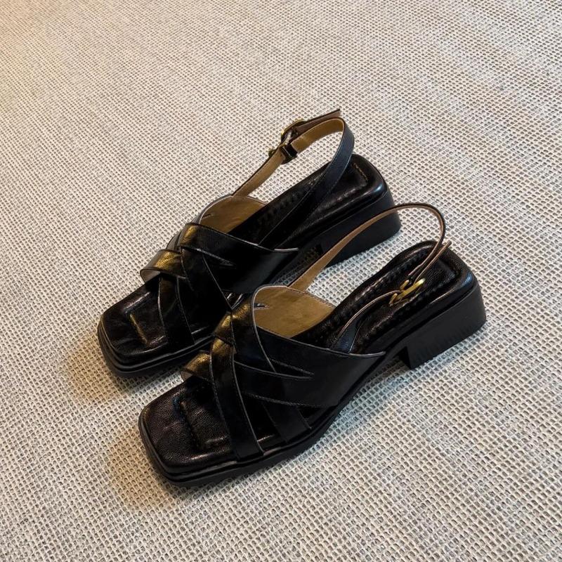 Sheepskin version~ Leather square head cross-strapped shoes for women's summer wear literary and retro woven thick-heeled sandals