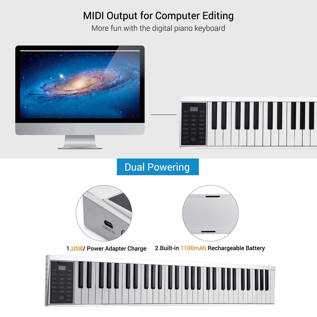 61 Keys Digital Electronic Piano Keyboard MIDI Output 128 Tones 128 Rhythms 14 Demo Songs Recording