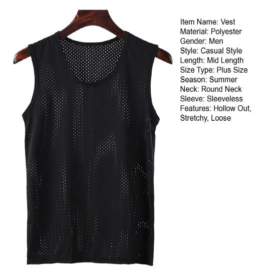 Men Sport Vest O Neck Out Good Size Breathability Plus Hollow Solid Color Sleeveless Sweat Absorption Quick Dry