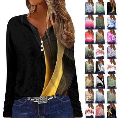 Жен. Футболка Футболка На пуговицах С принтом Длинный рукав Повседневные Выходные Мода Классический V-образный вырез Обычный Топ