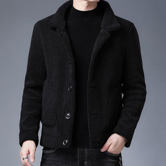 Men Jacket Lapel Long Sleeve Single Breasted Coat with Pockets Solid Color Reversible Design Polar Fleece Faux Leather Outwear