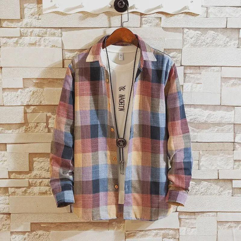 Men's Long-Sleeve Plaid Shirt - Autumn Hong Kong Style, Trendy Korean Slim Fit, Casual Jacket for Couples