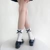 Черные, белые, серые носки женские повседневные однотонные хлопковые тонкие дышащие носки средней длины с милым бантом для девочек в стиле Лолиты, длинные носки Kawaii