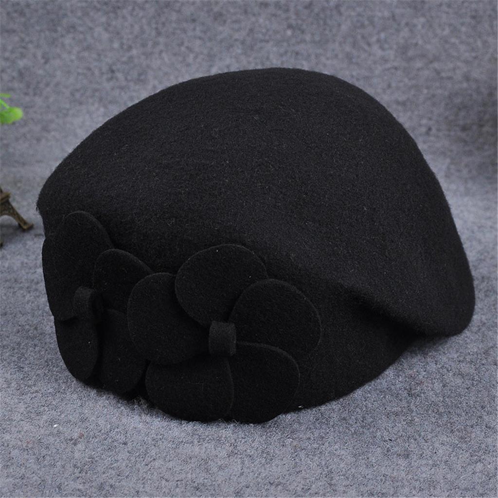 Elegant British Style Double Flower Woolen Beret Hat Ladies Winter Wool Felt Hat Airline Stewardess Cap