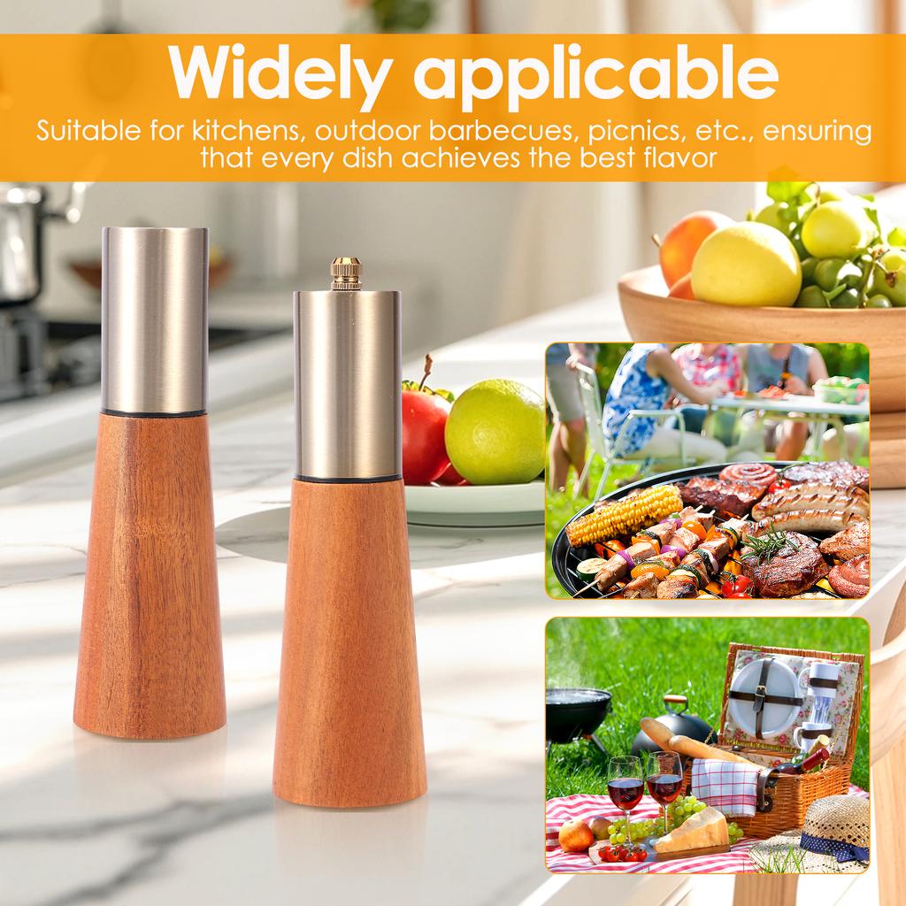 2 шт. Деревянные мельницы для перца Регулируемые ручные мельницы Солонка и перечница Мельница для специй Многоразовый набор мельниц для специй для барбекю