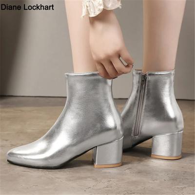 Новые женские ботильоны с острым носком, на массивном высоком каблуке, серебристые, золотые, черные, зеркальные, металлик, женские туфли-лодочки, женские сексуальные ботильоны