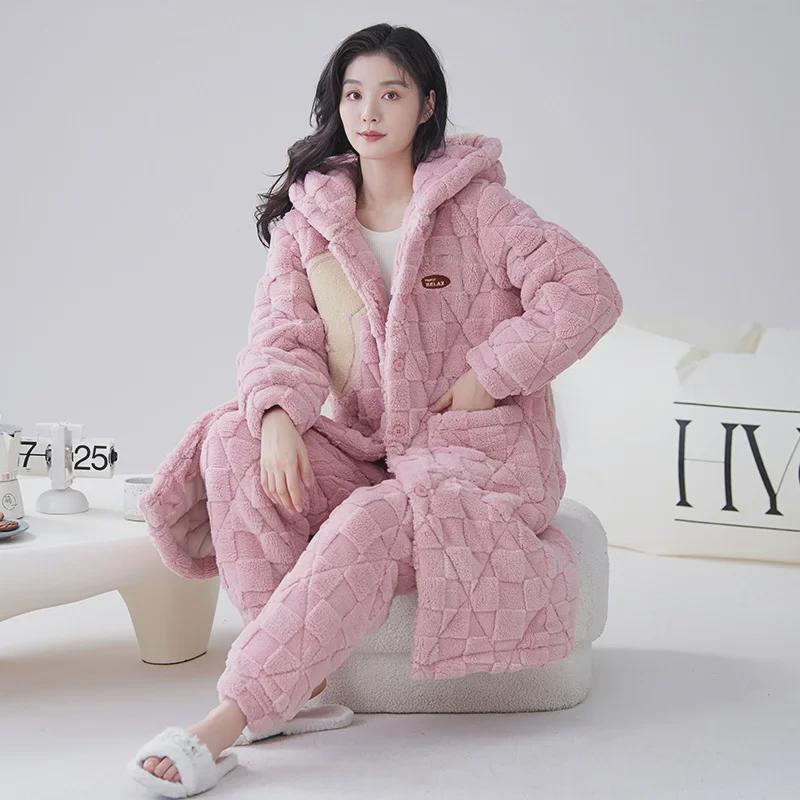 2023 Женская ночная рубашка из кораллового флиса: Плотный бархат с подкладкой, осенне-зимний, универсальный костюм для дома и улицы