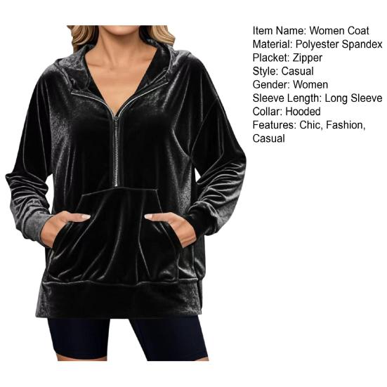 Бархатная толстовка с капюшоном для женщин, оверсайз, с длинным рукавом, на молнии, повседневная велюровая куртка на осень с карманами