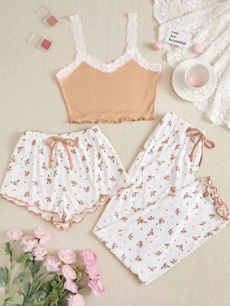 Пижамный комплект из цветочного кружева для женщин - Милая летняя майка с короткими и длинными брюками