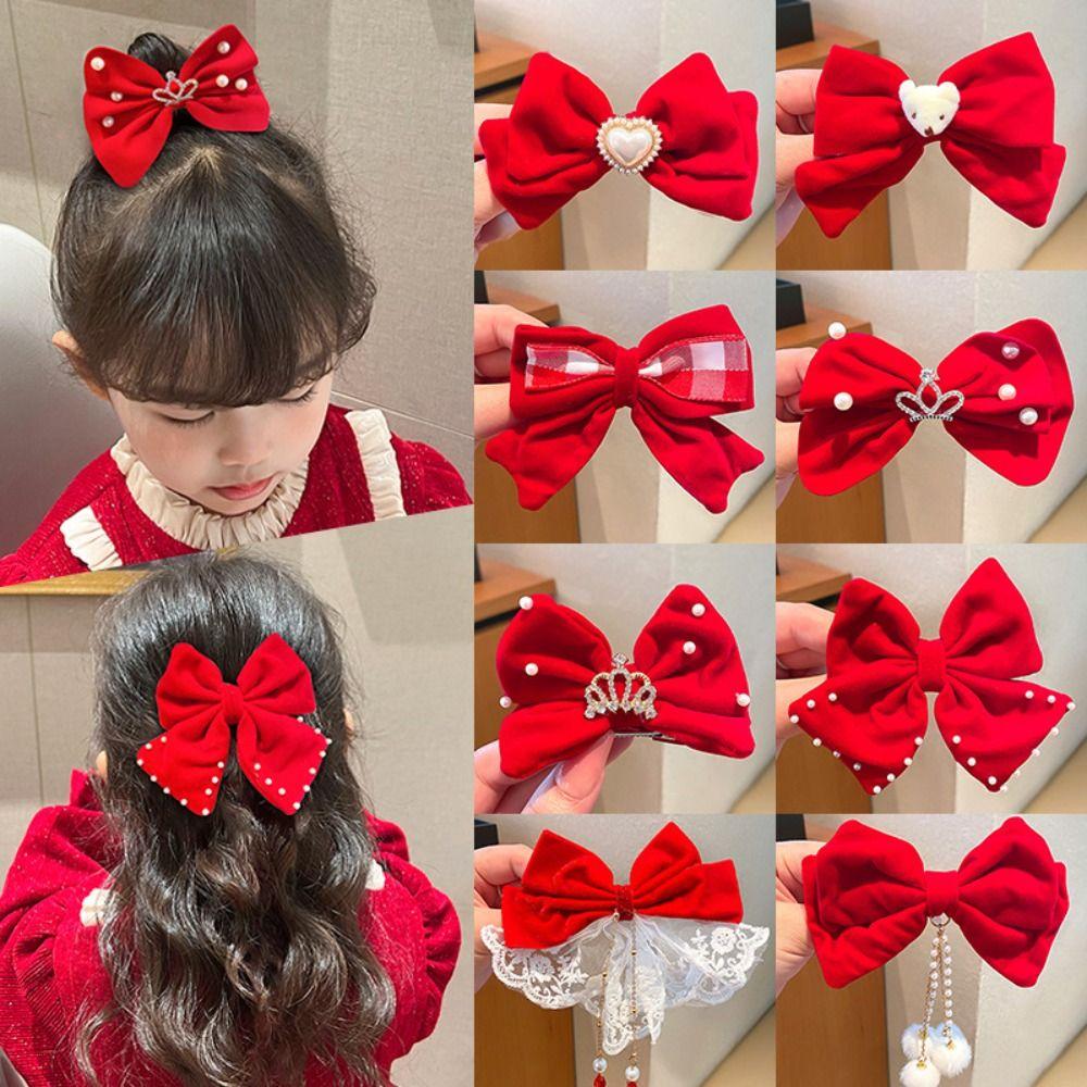 Crown Chinese New Year Headwear Plush Hanfu Hair Sticks Simple Velvet Red Bow Hairpin Girls