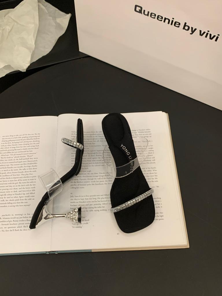 Niche High-end Transparent Belt Slippers Women's Shoes Wear 2025 Summer Rhinestone Sandals High-heeled Sandals