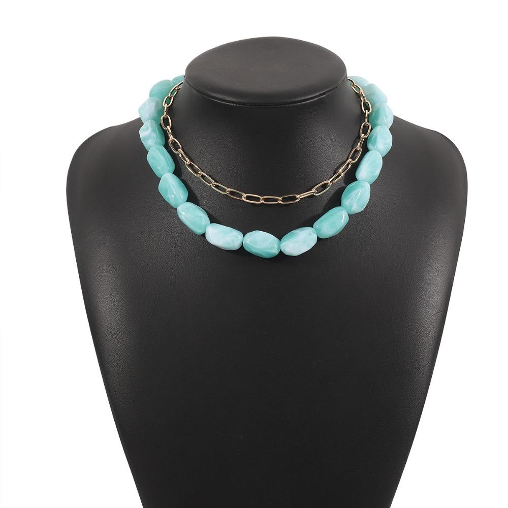 2Pcs/Set Stone Colorful Resin Necklace Multilayer Clavicle Chain Stone Beads Short Choker  Women