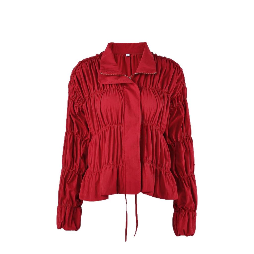 Женская красная жатая куртка 2026 Осень Стойка Молния Подол на шнурке Длинный рукав Укороченная ветровка Уличная одежда Повседневная верхняя одежда для женщин