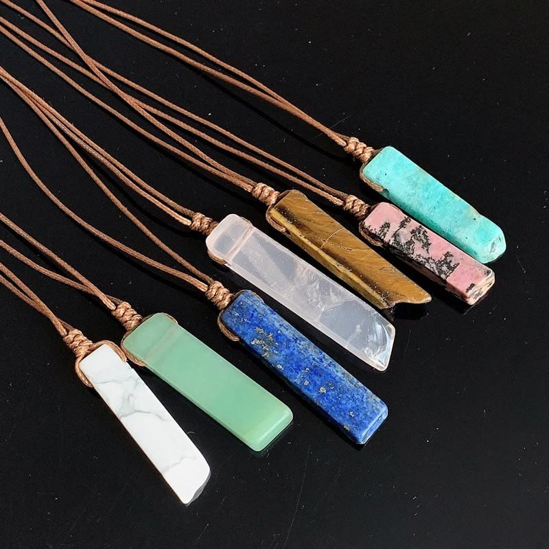 Natural Stone Pendant Raw Mineral Irregular Rectangle Quartz Pendulum Amazonite Tiger Eye Lapsi Pink Crystal Necklaces
