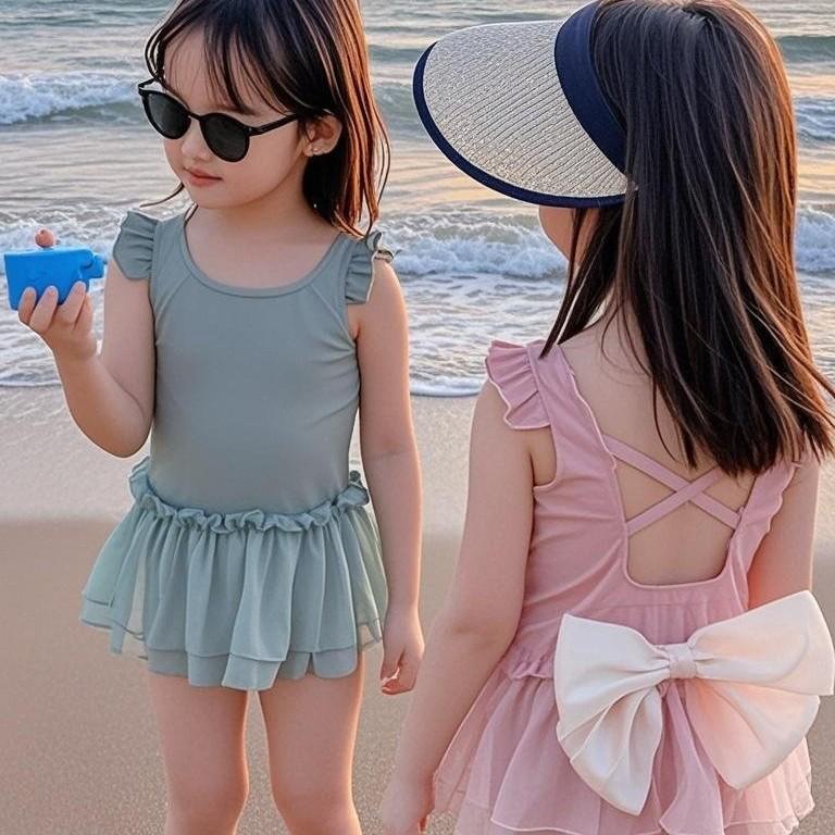 2025 Девочки Слитный Купальник с Юбочкой - Милый Принцессный Стиль, Однотонный Детский Купальник