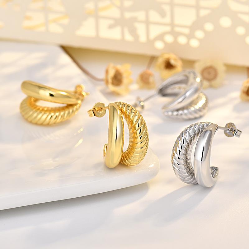 Двухслойные серьги-кольца с плетением, не тускнеющие, C-образные серьги неправильной формы