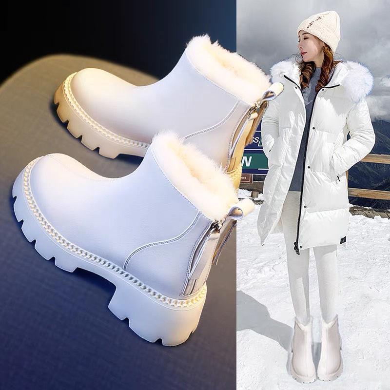 Women's Off-White Thickened Velvet Snow Boots