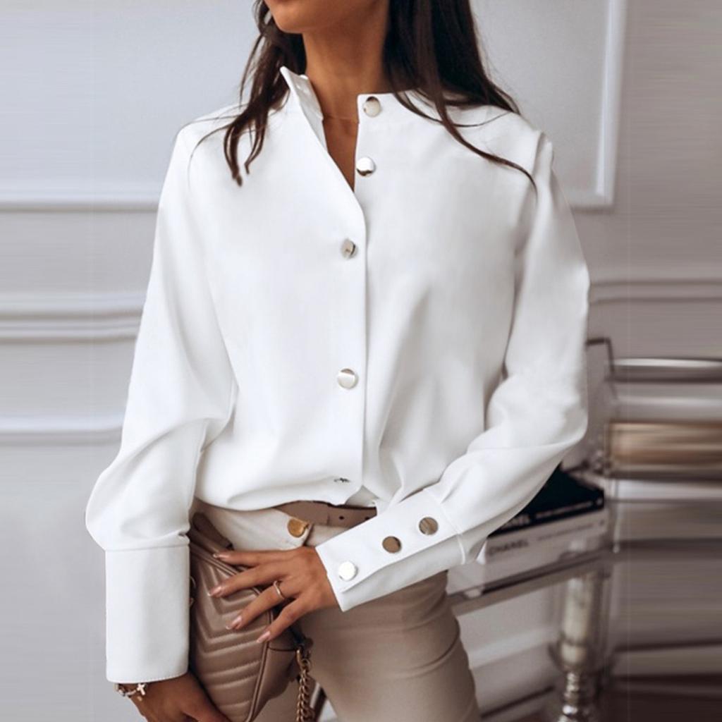 Women's Loose Fashion Shirts Solid Color Band Collar Long Sleeve Shirts Slim Tops