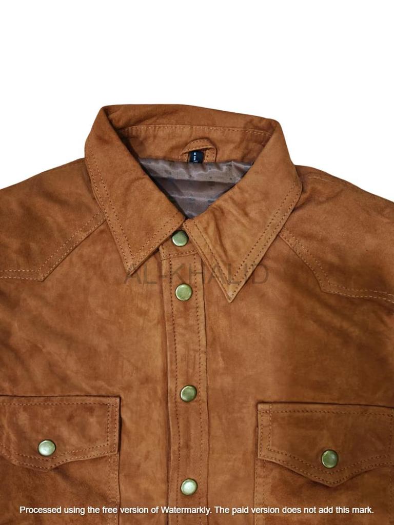 Новая стильная повседневная мужская рубашка ручной работы из коричневой замши на пуговицах из чистой овчины
