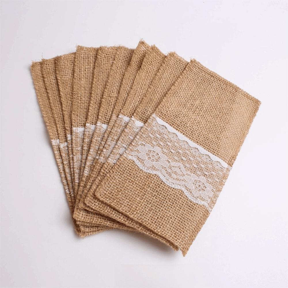 10Pcs Burlap Tabbleware Holder Lace Silverware Bag Lightweight Napkin Bag Wedding Party