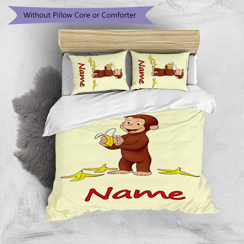3pcs Custom Name Curious George Bedding Set Duvet Cover Closure Includes 1 Duvet Cover & 2 Pillowcases for All Seasons Bedroom Decor