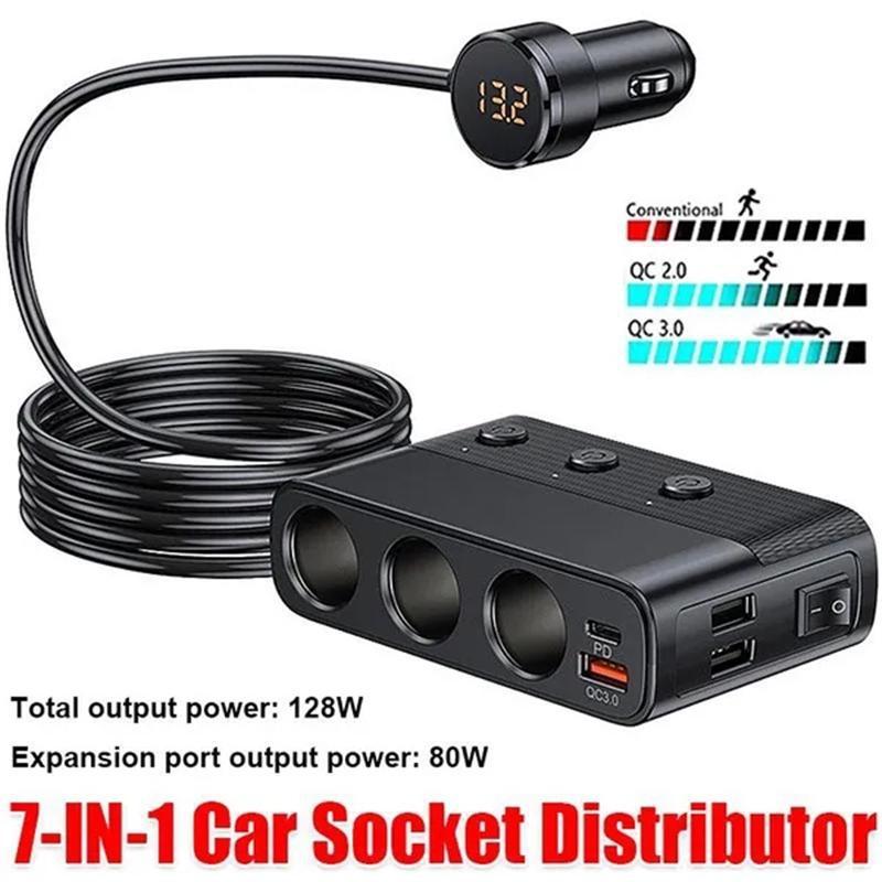 1Pc 2023 Upgrade 7-in-1 12V/24V 128W Car Socket Distributor QC3.0 Fast Charger with 2 USB Ports & 1 Type-c Port