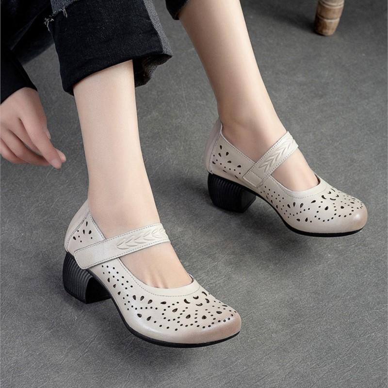 Johnature Женские сандалии, летние туфли-лодочки из натуральной кожи в стиле ретро, ​​удобная дышащая женская обувь на среднем каблуке