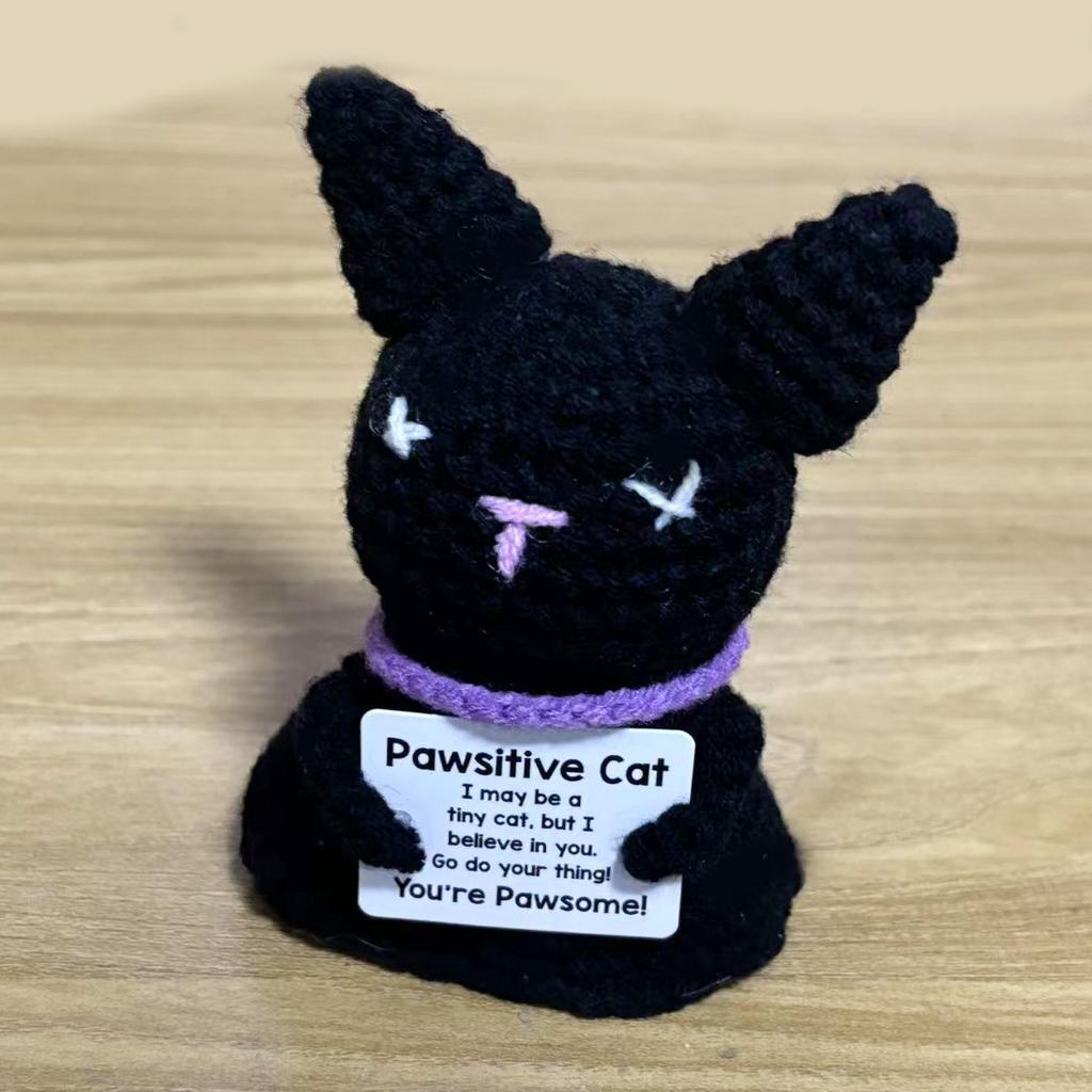 Crochet Emotional Support Cat Ghost Halloween Gifts Desktop Ornament Handmade Knitted Black Cat Doll With Card Home Room Decor