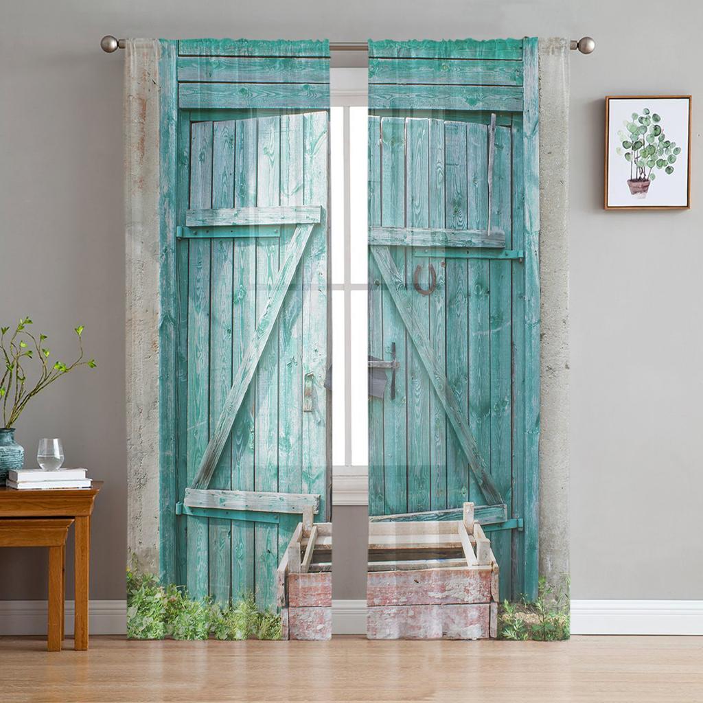 Wooden Door Stone Wall Shabby Retro Tulle Curtains for Living Room Decoration Modern Chiffon Sheer Voile Kitchen Bedroom Curtain