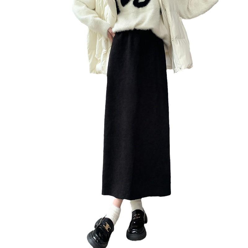 Maillard High Waist Wool Skirt for Women - Plus Size Autumn/Winter Slimming, High-End Design, Long Slit.