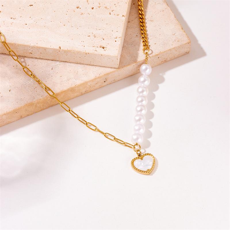 Gold Plated Stainless Steel Pearl and Heart Pendant Necklace for Women