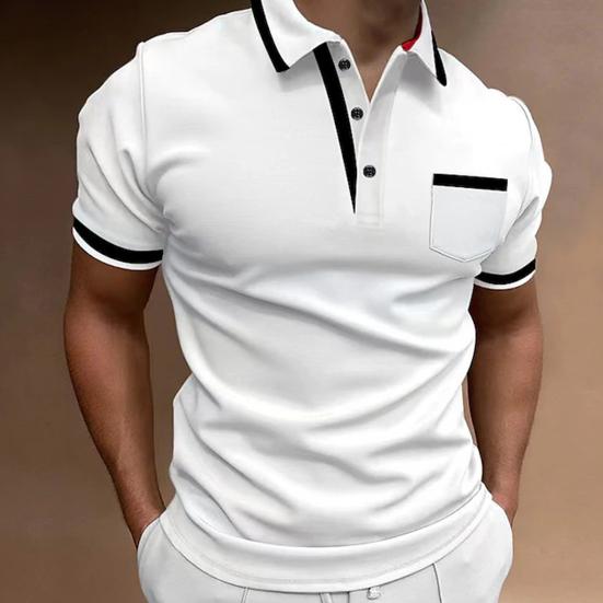 Мужская летняя рубашка с отложным воротником и пуговицами с коротким рукавом контрастного цвета, накладной карман, дышащий пуловер, приталенный повседневный повседневный топ средней длины