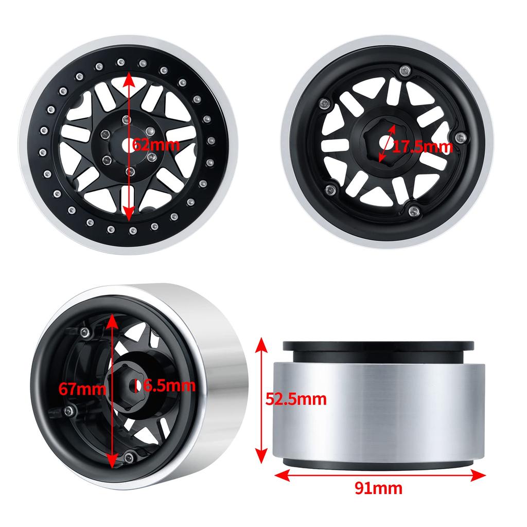 TRZX 2.9" Beadlock Wheel Rims, Aluminum Rim Hubs for Axial 1/6 SCX6 AXI05000 AXI05001 RC Crawler Cars (4-Piece Black)