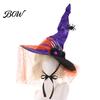 Gothic Costume Accessories Halloween Witch Hat for Women, Spider Web Mesh Skeleton Hand Multi Layered Lace Decor Rose Flower Wizard Costume,