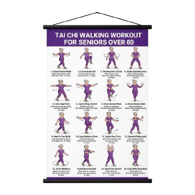 Home Exercise Wall Poster for Seniors Over 60, Taiji Walking Training Chart with 16 Move Layout for Daily Practices Instructional Wall Decors