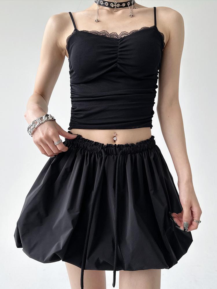 Корейская винтажная мини-юбка-баллон, женская летняя уличная одежда, модная трапециевидная юбка с высокой талией, милая сексуальная плиссированная юбка-пузырь на шнурке