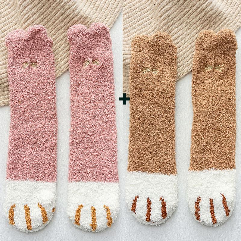 2 пары/лот флисовые тапочки коралловые осенне-зимние носки милые женские носки с принтом кошачьих лапок и животных