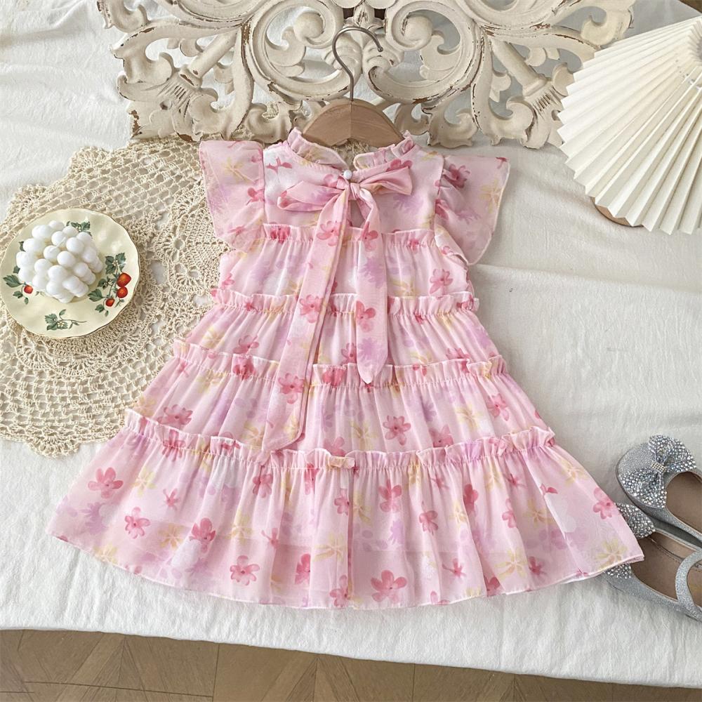 Повседневные платья для девочек Платье с цветочным принтом и рукавами-крылышками Платья для девочек-цветочниц на свадьбу Платье принцессы для девочек от 2 до 7 лет