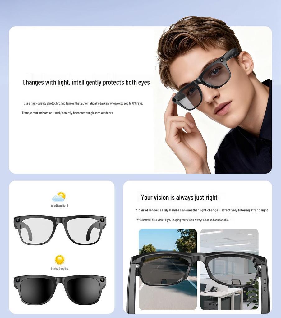 AI Smart Glasses with Photochromic Lenses - Multifunctional: Music, Call, Translation, and Photo Recording (Model M65)