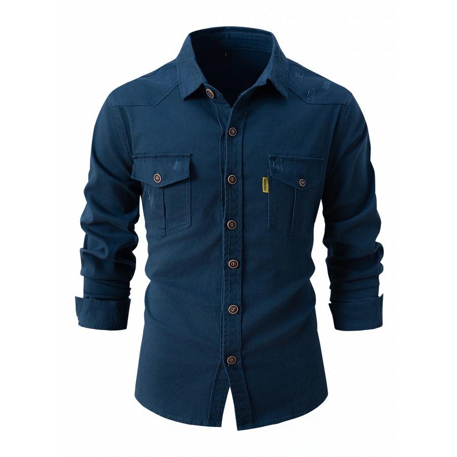 Spring Autumn Pockets Button Up Shirt Men's Washed Elastic Pure Cotton Men Long Sleeve Shirts